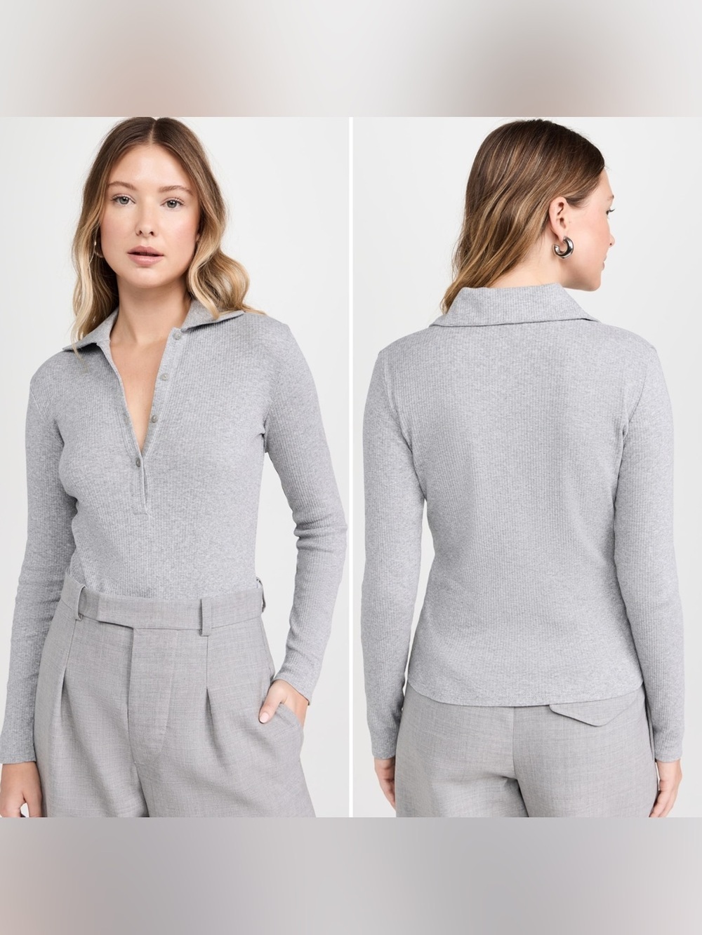 Vince Rib Collared Polo Long Sleeve Gray Designer Women’s Size Large